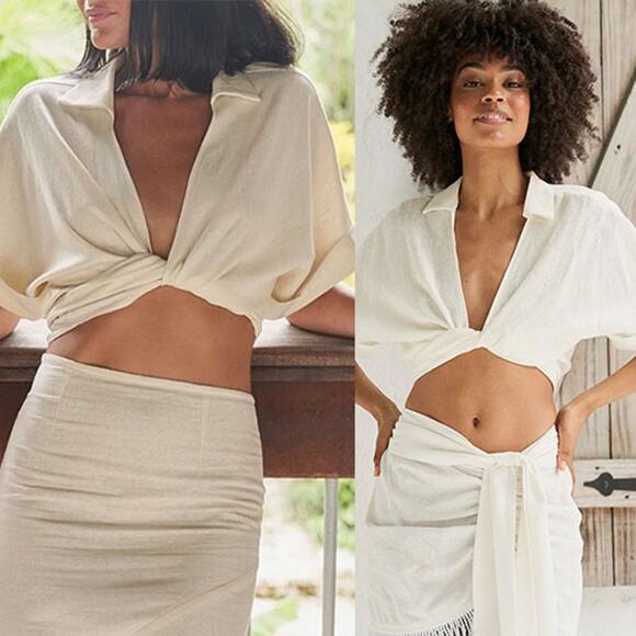 NWT Just Bee Queen Chiara Wrap Cropped Top Women's Vanilla Size: Medium - Picture 1 of 8